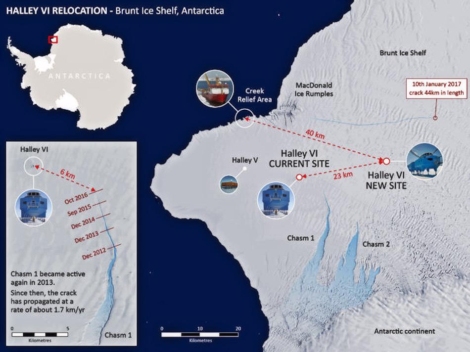 Die Forschungsstation wird 23 km weiter nach Osten an einen neuen Standort gezogen. Doch durch das Auftauchen eines weiteren Risses von West nach Ost nördlich der neuen Position, können Forscher und Stationsbetreiber nicht mit Sicherheit sagen, was passieren wird. Bild: BAS