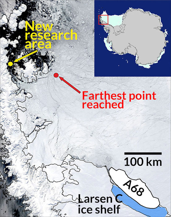 Die Forscher machten sich auf den Weg zum Eisberg A68, der im Juli 2017 vom Larsen C Schelfeis abbrach. Doch rund 400 Kilometer vor ihrem Ziel zwang dickes Meereis die Forscher zur Umkehr. Sie bewegen sich jetzt in relativ eisfreien Gewässern in Richtung Larsen A Schelfeis, wo 1995 ein riesiger Eisberg abbrach. Seitdem hat keine biologische Expedition den Meeresboden dort untersucht, sagte die Meeresbiologin Katrin Linse. «Wir sind gespannt welche Tiefseegeschöpfe wir dort finden werden.» (Bild: BAS)